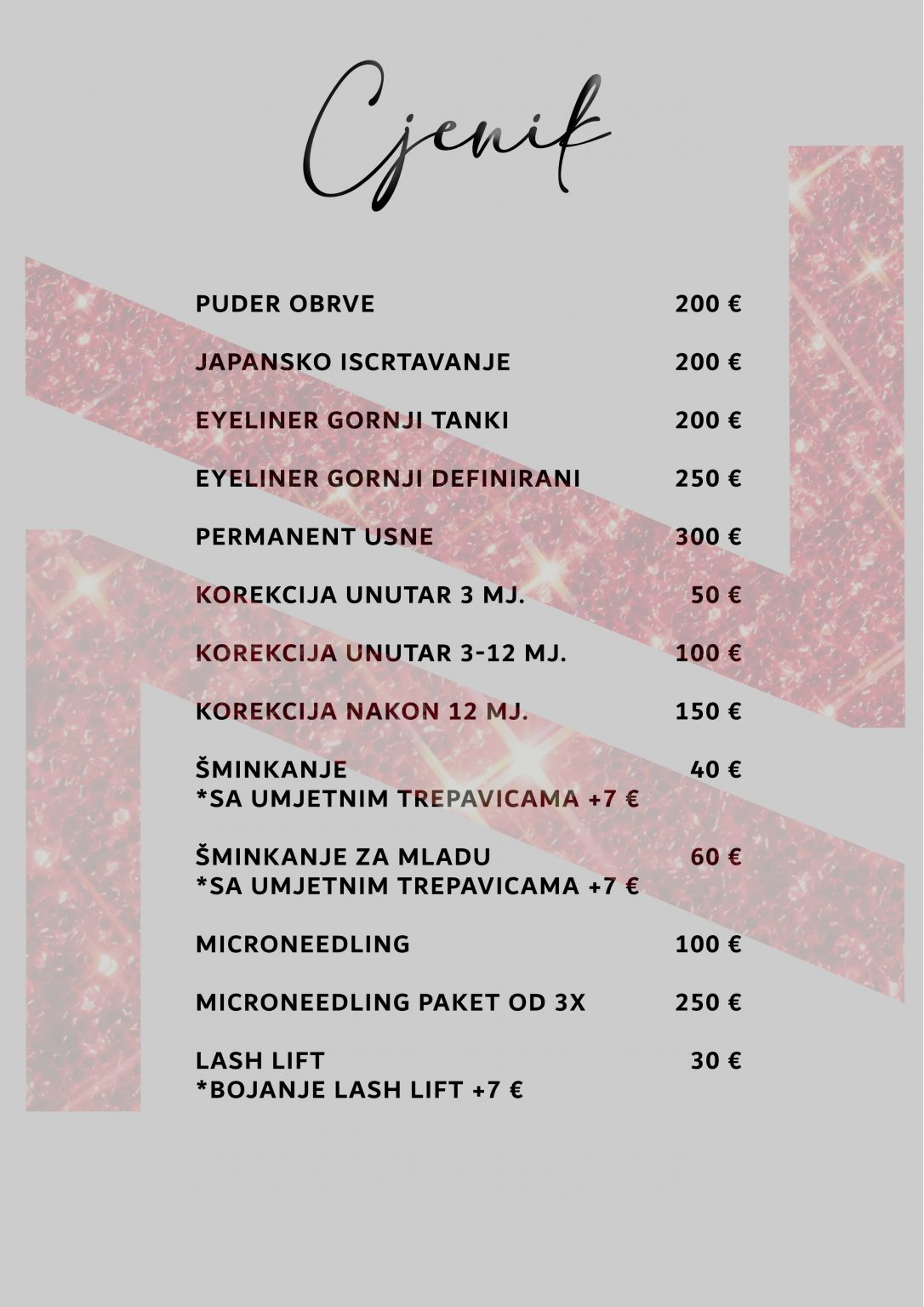 Cjenik beauty tretmana Next Level Beauty Studio Zadar