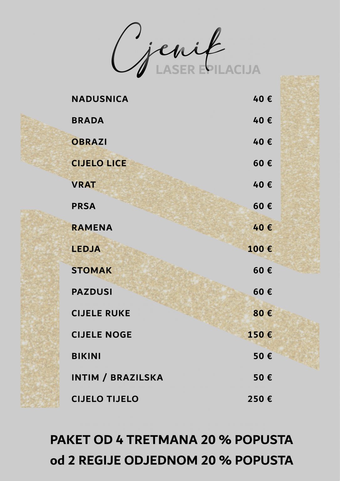 Cjenik laserske epilacije Next Level Beauty Studio Zadar